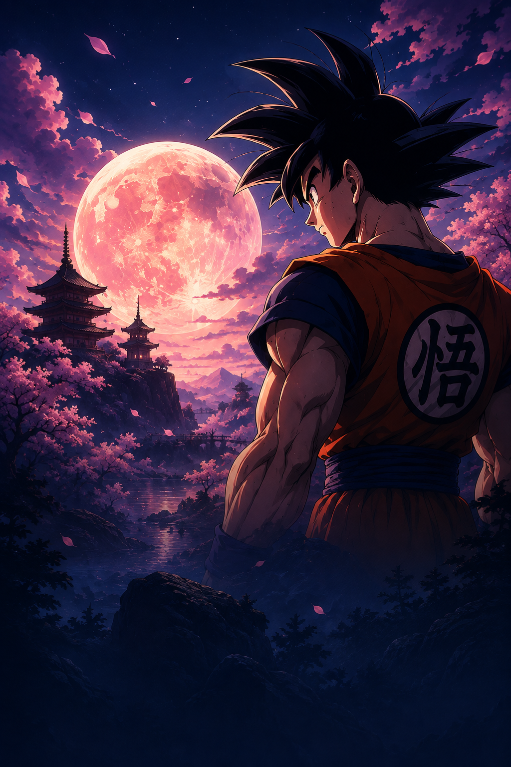 Goku contempla una luna rosada sobre pagodas y cerezos en un paisaje nocturno.