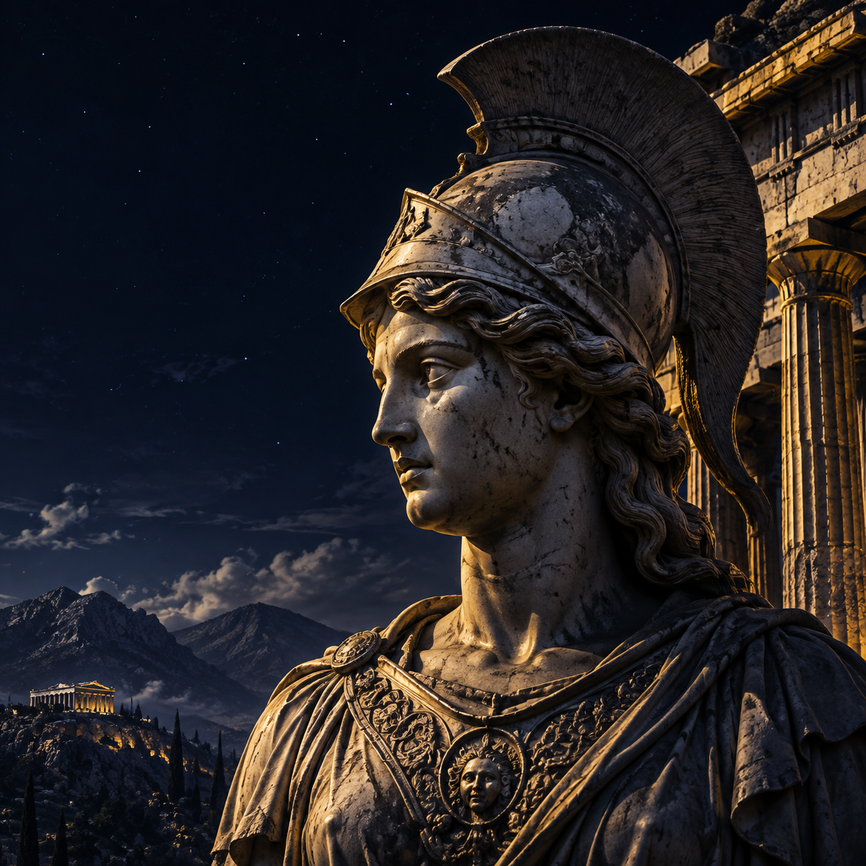 Estatua de Atenea iluminada en tonos dorados junto a un templo bajo el cielo nocturno.